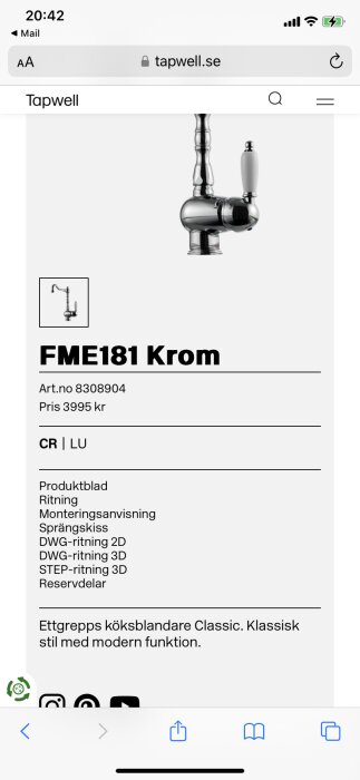 Ettgrepps köksblandare i krom, klassisk design med moderna funktioner, produktinformation och pris visas.