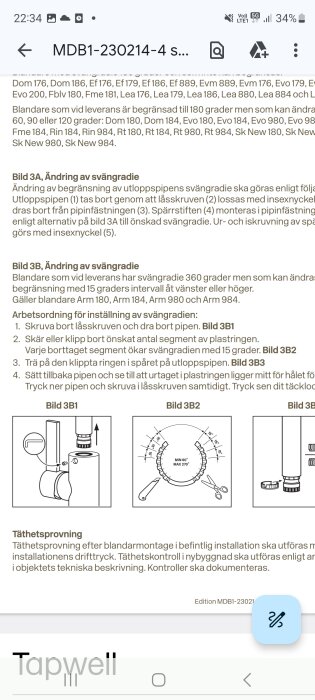 Instruktioner för justering av svängradie på blandare, med illustrationer och text på svenska.