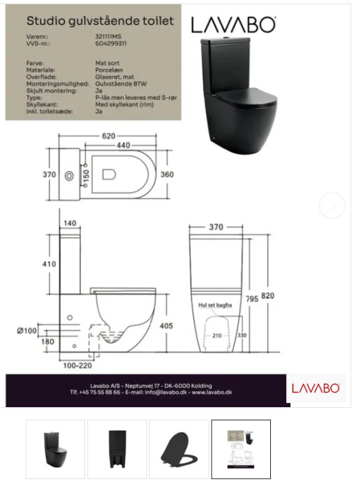Produktdatablad för svart golvstående toalett med mått, design, installation och kontaktinformation för LAVABO.