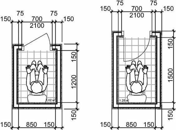 Två ritningar som visar rullstolsanpassade badrumsutrymmen med dimensioner och position för användaren.