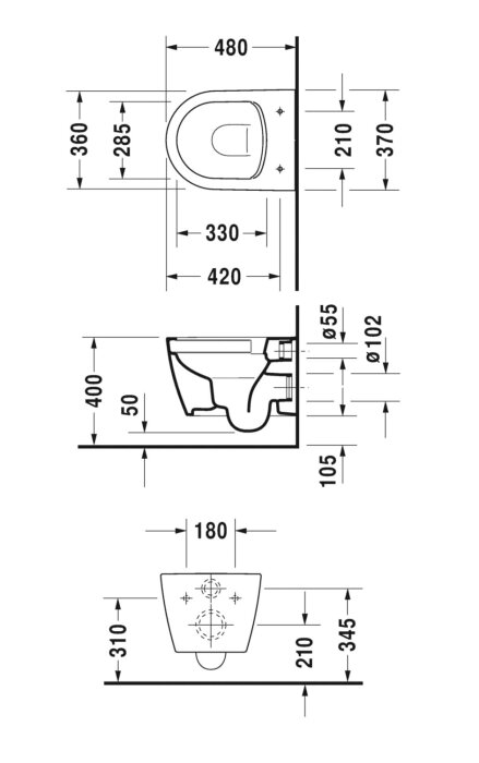 Teknisk ritning av en toalett med måttangivelser i millimeter, inkluderar topp-, sida-, och framvy.