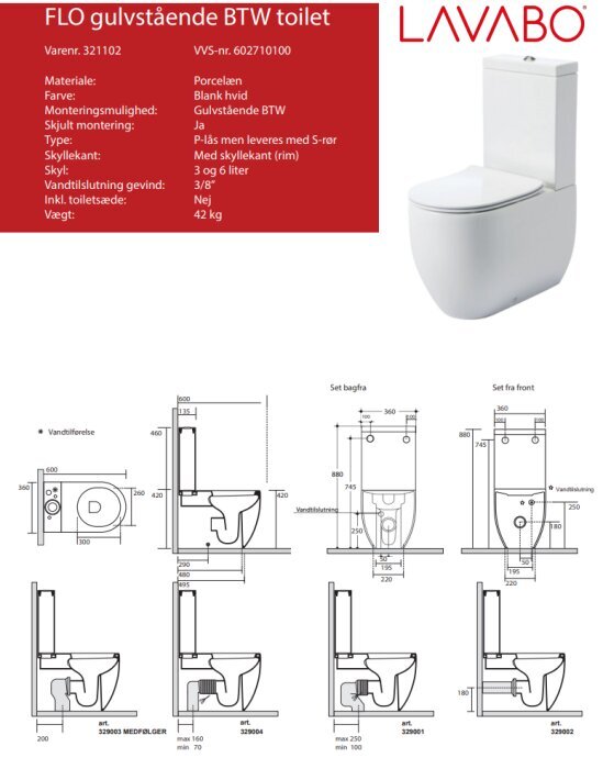 Produktdatablad och bild på vit golvstående BTW-toalett med måttangivelser och installationsspecifikationer.