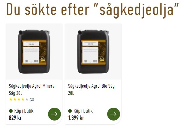 Två dunkar med mineralolja för sågkedjor, olika sorter med priset och köpalternativ.