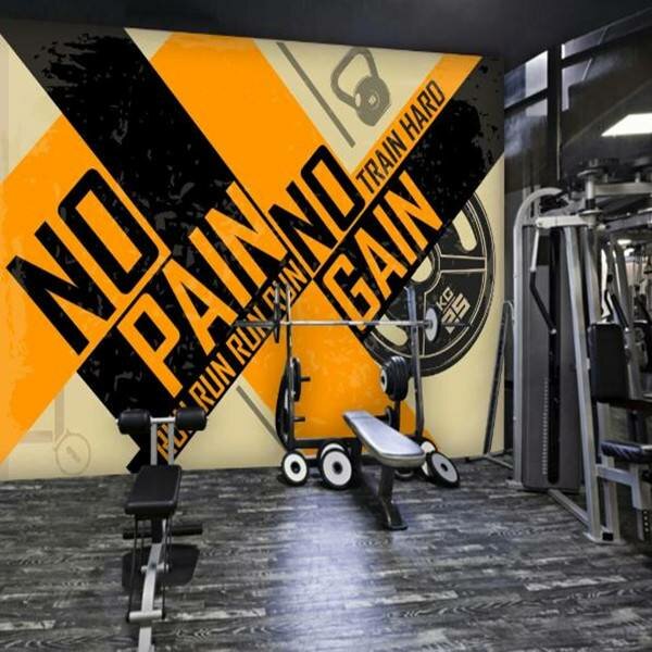 Gym med motivationstext "NO PAIN NO GAIN" på vägg, vikter, maskiner, svart och orange design.