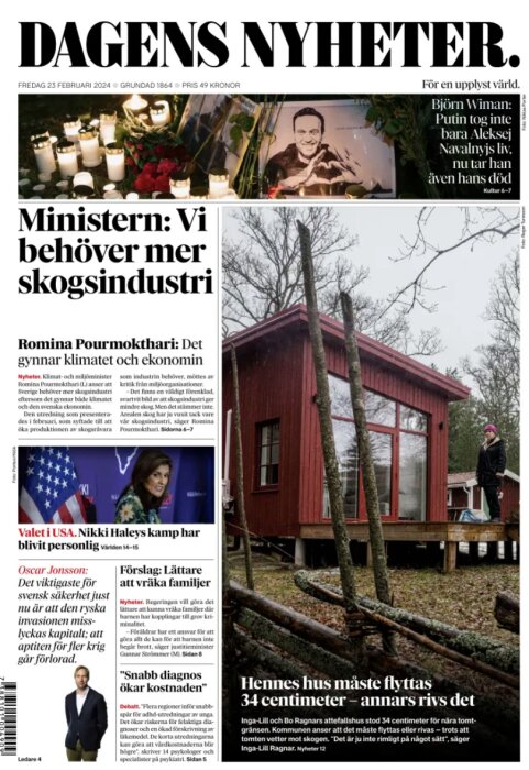 Framsida av "Dagens Nyheter" visar artiklar om politik, klimat, minnesplats och person vid rött hus.