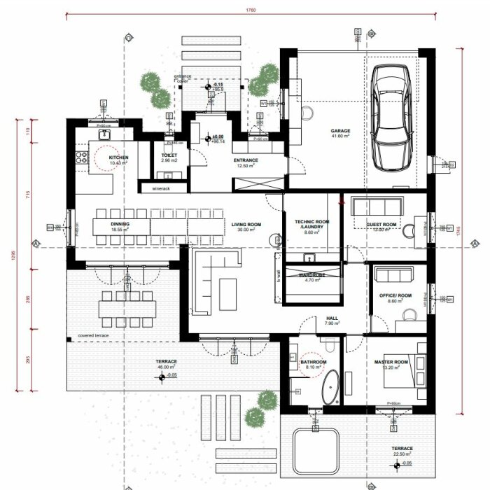 Arkitektonisk ritning av en våningsplans layout med rumsetiketter, möblering och dimensioner.