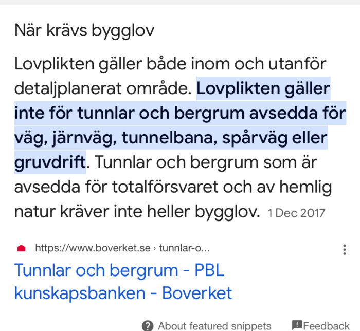 Skärmdump av sökresultat på nätet om bygglovkrav i Sverige, information från Boverket, markerad text.