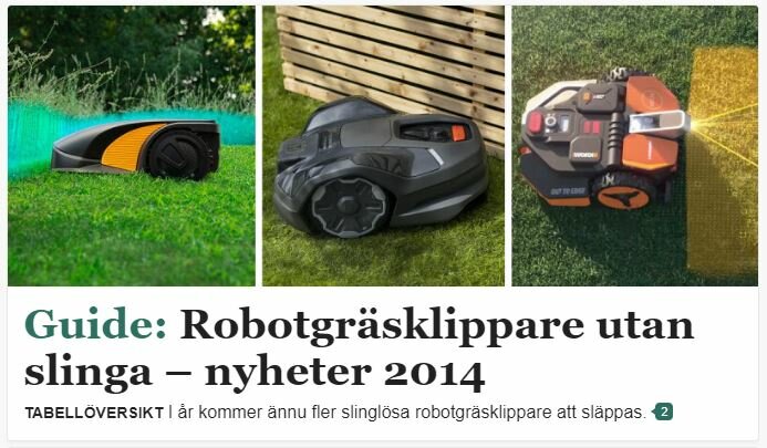 Robotgräsklippare utan slinga i gräs, nyheter 2014, guide, tre olika modeller.