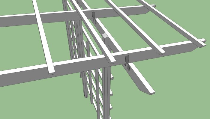 3D-modell av en träverkstruktur för byggnation, ovanifrånvy, grå och vita balkar, grönt underlag.