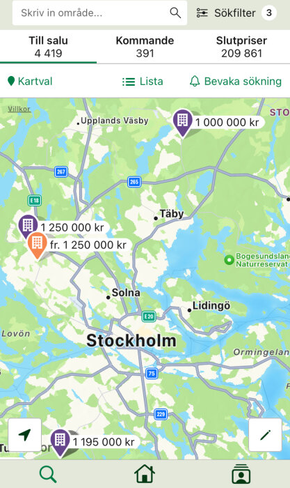 Kartapp med fastighetsannonser i Stockholmsområdet, priser, sökfunktioner och filter.