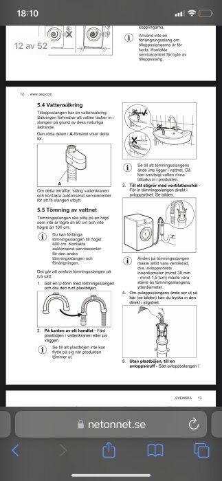 Instruktionsmanual på svenska, rörande vattensäkring och tömning av vatten för hushållsapparater med diagram och bilder.