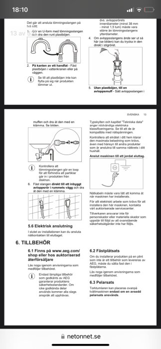 Svensk instruktionsmanual för installation, koppling av avloppsslang, elektrisk anslutning, tillbehör för hushållsapparat.