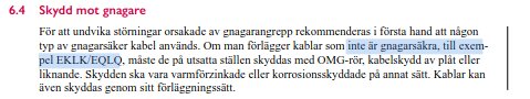 Svensk text om skydd mot gnagare och rekommendationer för kabelskydd för att undvika skador.
