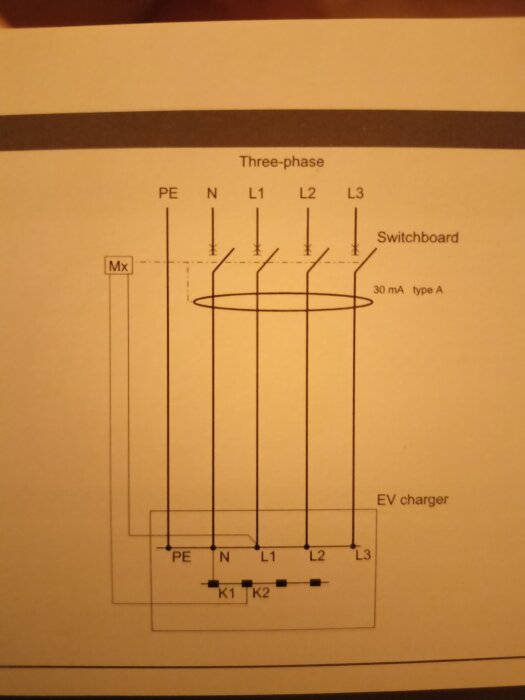 Elritning för trefasanslutning av laddare för elfordon med säkerhetsbrytare och kopplingsdetaljer.