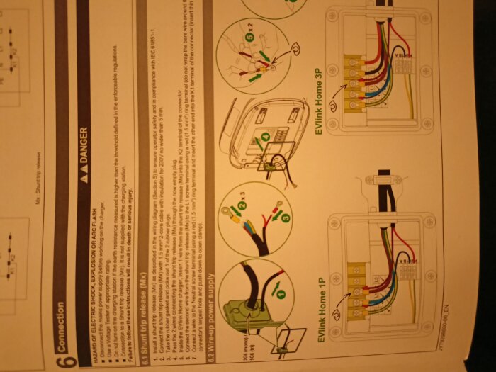 Instruktionsmanual med diagram och steg-för-steg anvisningar för elektrisk installation, varningsetiketter synliga.