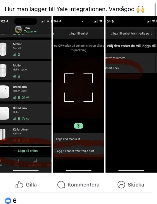 Skärmdumpar visar guide för att lägga till Yale smarta enheter i en app.