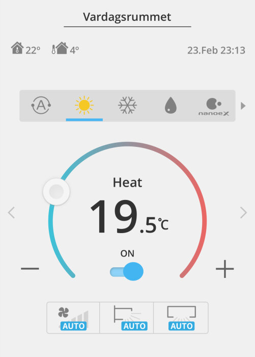 Gränssnitt för klimatkontroll, uppvärmning påslagen, 19,5°C, vardagsrummet, soligt och snöväder ikoner.
