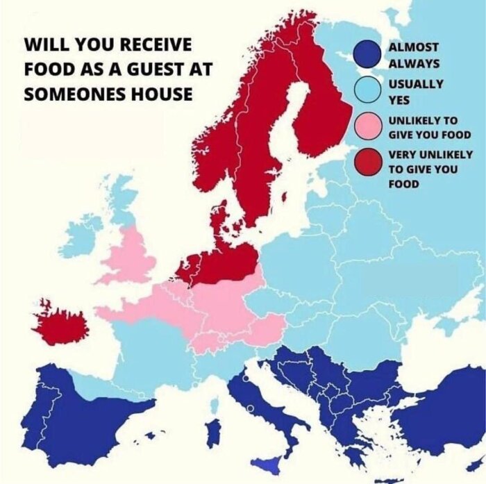 Europeisk karta visar sannolikheten för mat som gäst, färgkodad efter frekvens.