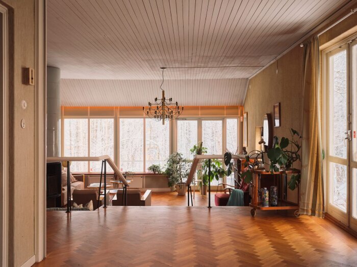 Vardagsrum med trägolv, stora fönster, växter och öppen spis, hemtrevligt och ljus.