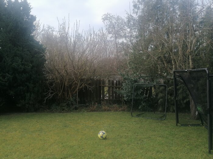 Trädgård med fotboll, mål, tomma buskar, trädstammar, staket och gräsmatta under molnig himmel.