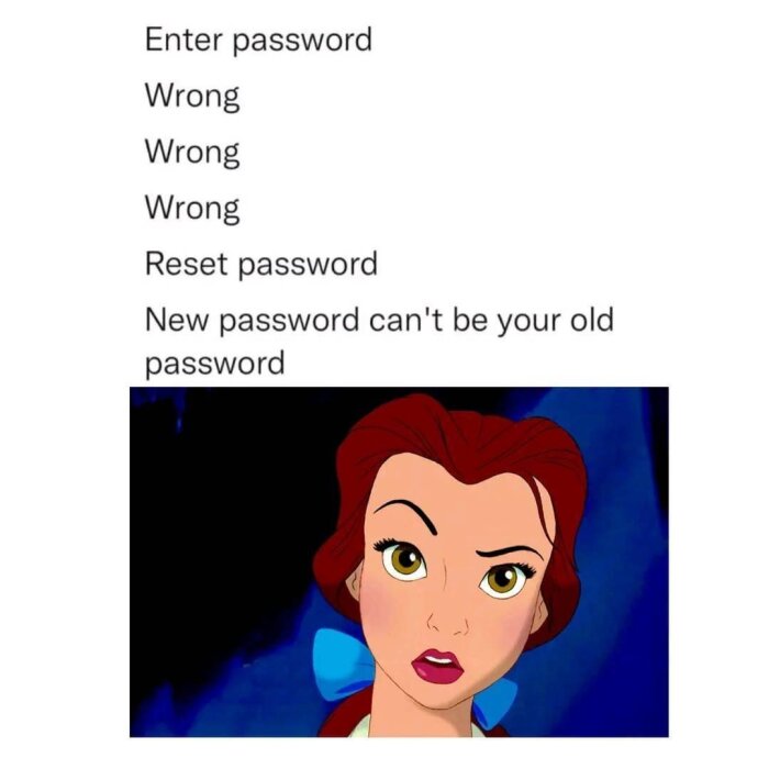 Ett meme med återkommande lösenordsproblem, irriterad tecknad karaktär i förgrunden. Humoristiskt och relaterbart.