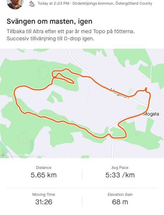 Skärmdump av löprunda, 5.65 km, tid 31:26, kartvy, motionsspår, prestation, aktivitetsapp.