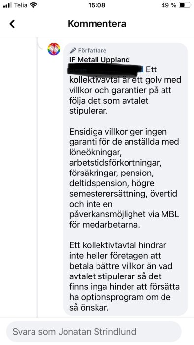 Skärmavbild av socialmedia-kommentar om fördelar med kollektivavtal för anställda och möjligheter med avtalet.