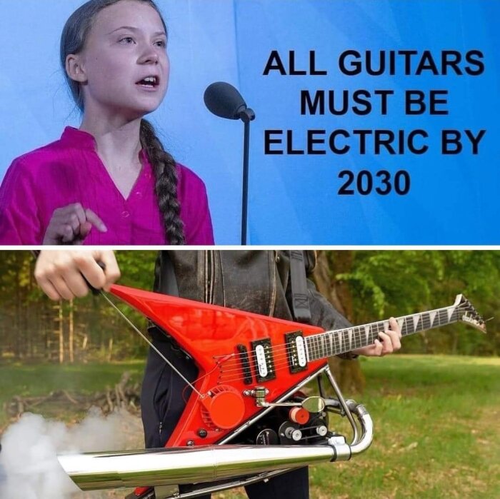 Satirisk bild med två delar; talande person och elgitarr som föreställs som raket. Text: "ALL GUITARS MUST BE ELECTRIC BY 2030".