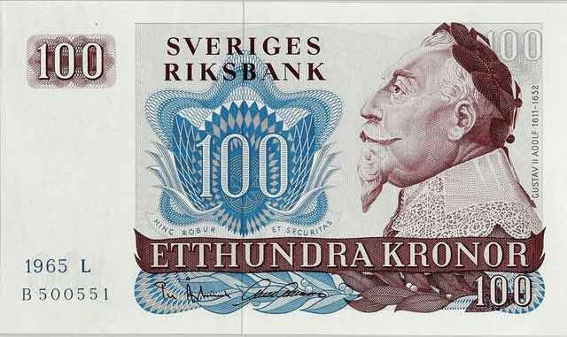 Gammal hundra svenska kronor sedel med porträtt, vattenmärke, blått mönster, årtal 1965.