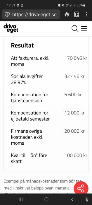 Ekonomisk kalkyl på webbsida visande resultat, avgifter, pension, semester, kostnader och disponibel lön före skatt.