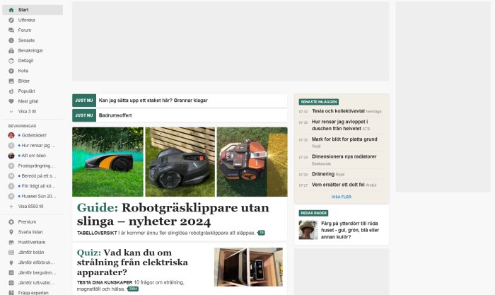 Skärmdump av webbforum, innehåller text och bilder på robotgräsklippare, trådnotiser och forumkategorier.