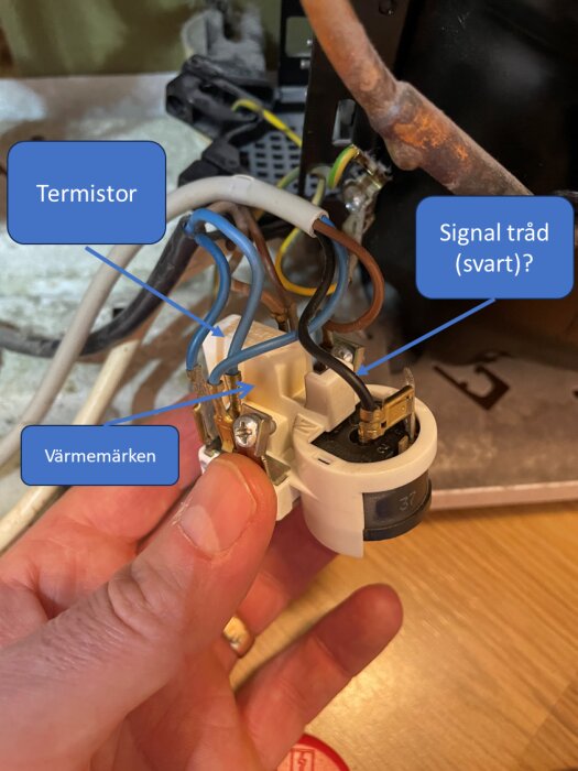 En hand håller en elektrisk anordning med etiketterna "Termistor", "Signal tråd (svart)?" och "Värmemärken".