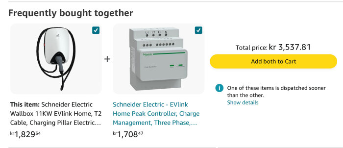 Online shopping-sida som visar två elbilsladdare och totalpris; köps ofta tillsammans.