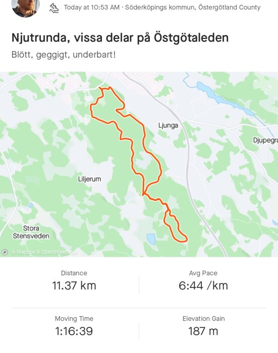 Karta över löprunda, 11.37 km, 1:16:39, 6:44/km, 187 m höjdskillnad, naturskönt område, Östgötaleden, Söderköpings kommun.