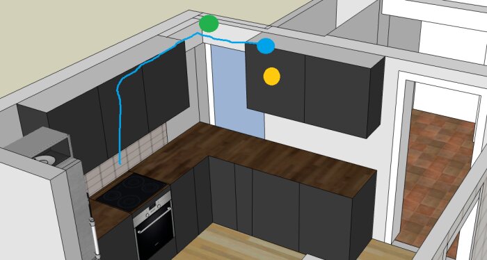 3D-modell av kök, diskbänk, spis, övergripande inredningslayout, planlösning, färgmarkeringar.