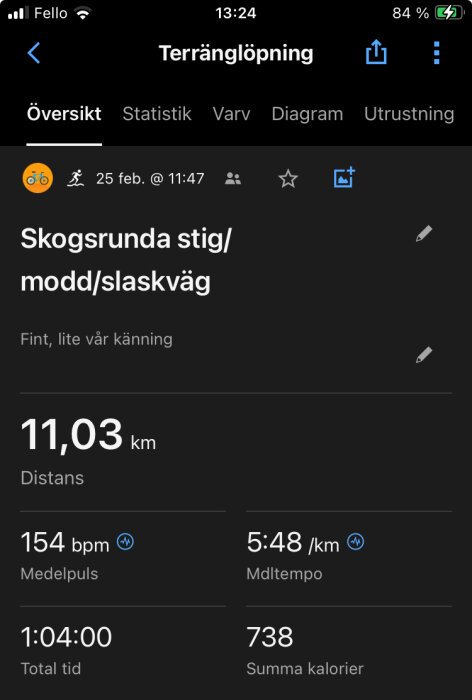 Skärmdump av träningsapp som visar en terränglöpning på 11,03 km, medeltempo 5:48 min/km.