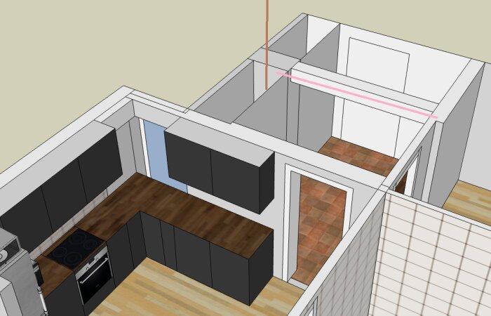 3D-modell av kök med träbänkar, svarta skåp, och inbyggnadsugn. Oinredd, perspektivvy från ovan.