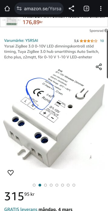 Vit ZigBee LED-dimmer med tekniska specifikationer, amazon.se webpage, pris och kundbetyg.