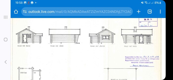 Arkitektritningar av hus med fasadvyer mot olika håll, datumstämpel och bygglovshänvisning synlig.