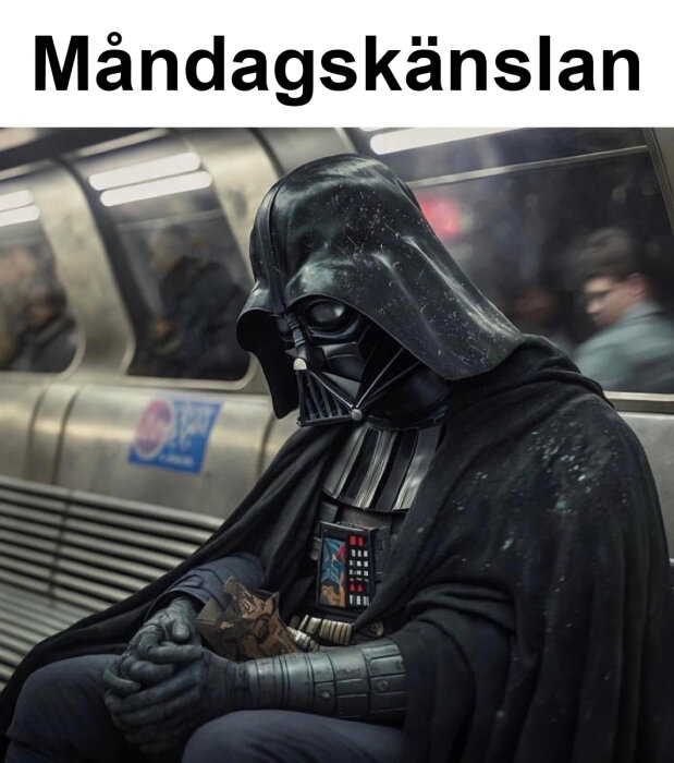 Darth Vader-utklädd person på tunnelbana ser nedslagen ut. Texten är "Måndagskänslan", vilket antyder måndagsmotivation.