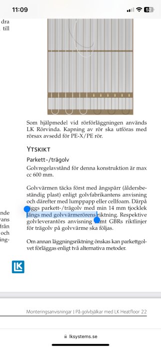 Skärmdump av instruktioner för golvvärmeinstallation med diagram och text på svenska.