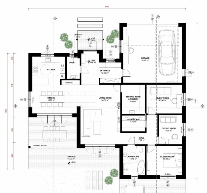 Arkitektonisk ritning av en husplan med etiketterade rum och mått.