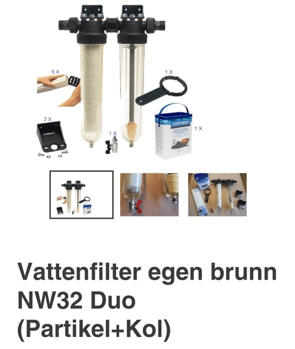 Vattenfilter för brunnar, inkluderar två filterenheter, tillbehör, monteringsexempel, text på svenska.