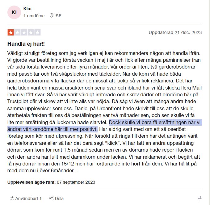 Skärmdump av en recension, negativ kundupplevelse, problem med företag, besvikelse, fördröjd kompensation, uppdaterad i december 2023.