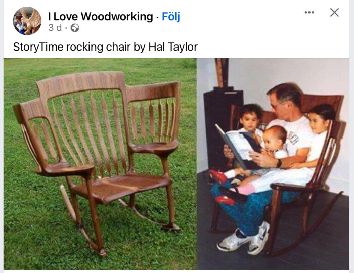 Trägungstol för högläsning, designad av Hal Taylor, en man läser för tre barn.