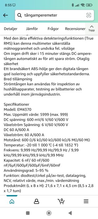 Skärmbild visar produktdetaljer för en multimeter, EM4370, med specifikationer och användningsområden på svenska.