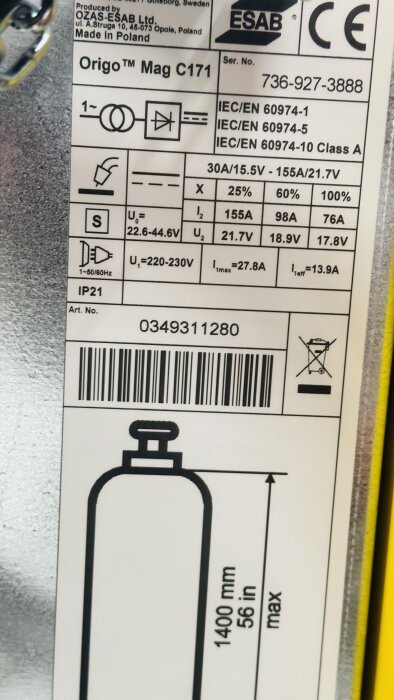 Etikett med tekniska specifikationer, symboler och säkerhetsinformation för Origo™ Mag C171 svetsutrustning, tillverkad av ESAB.