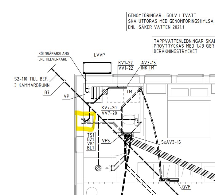 Teknisk ritning, VVS-installation, vattenledningar, symboler, konstruktionsdetaljer, anmärkningar på svenska.