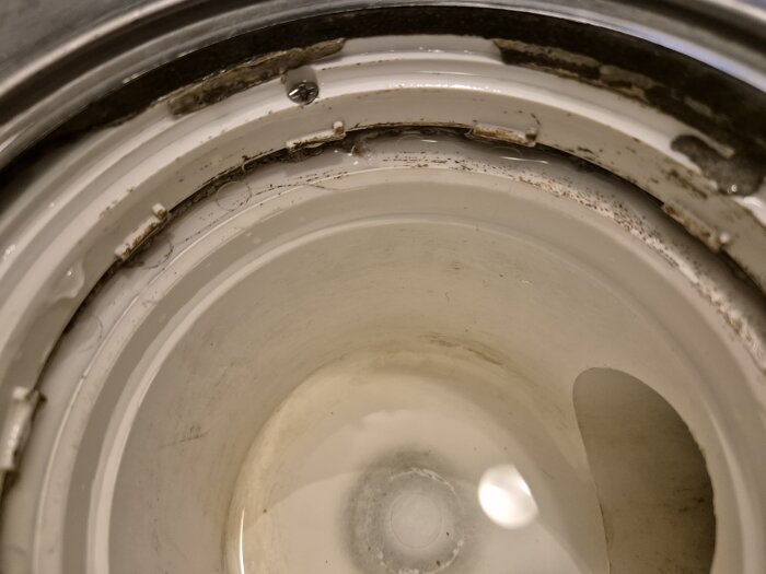 Tvättmaskins inre med smuts och mögel vid tätningslisten; behov av rengöring.