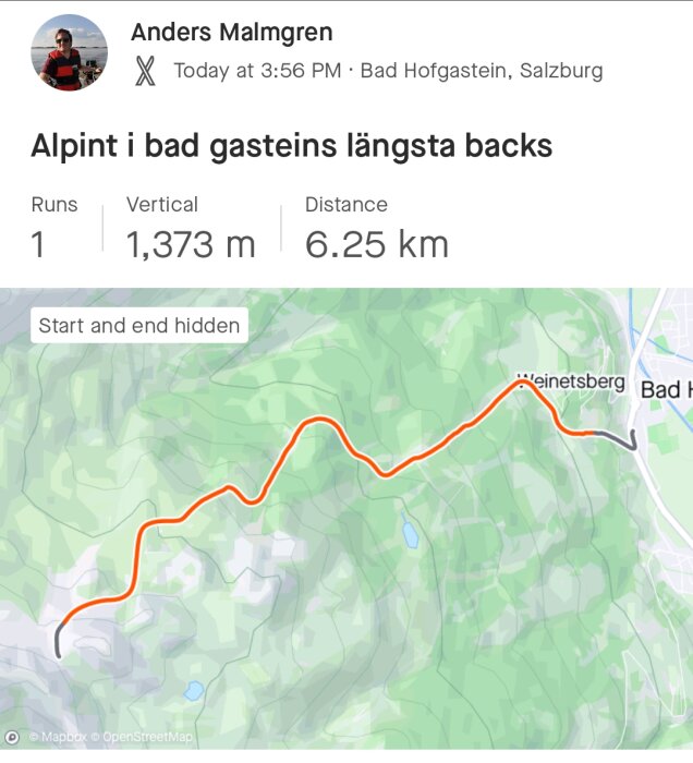 Skärmavbild av aktivitetsapp visar skidåkning i Bad Gastein med ruttstatistik.